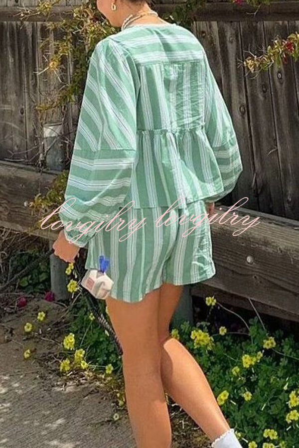 Stylish Striped Print V-neck Tie Top and Elastic Waist Loose Shorts Set