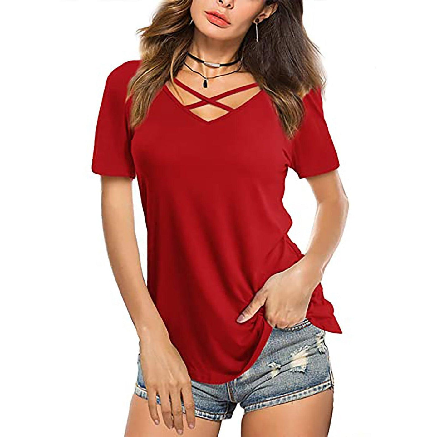 Criss Cross V-neck Short Sleeve T-shirt