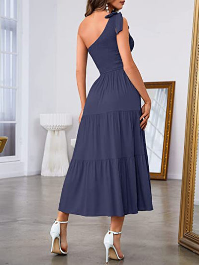 Summer Fashion Women's One-shoulder Pleated Layered Hem Split Dress