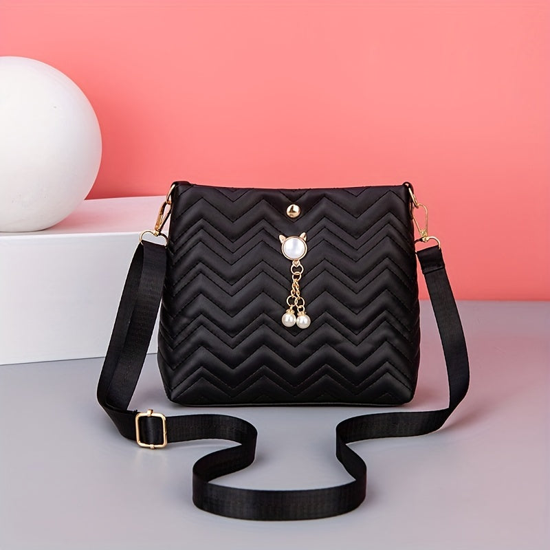 Wave Quilted Bucket Bag - Mini Crossbody, Trendy Shoulder Handbag