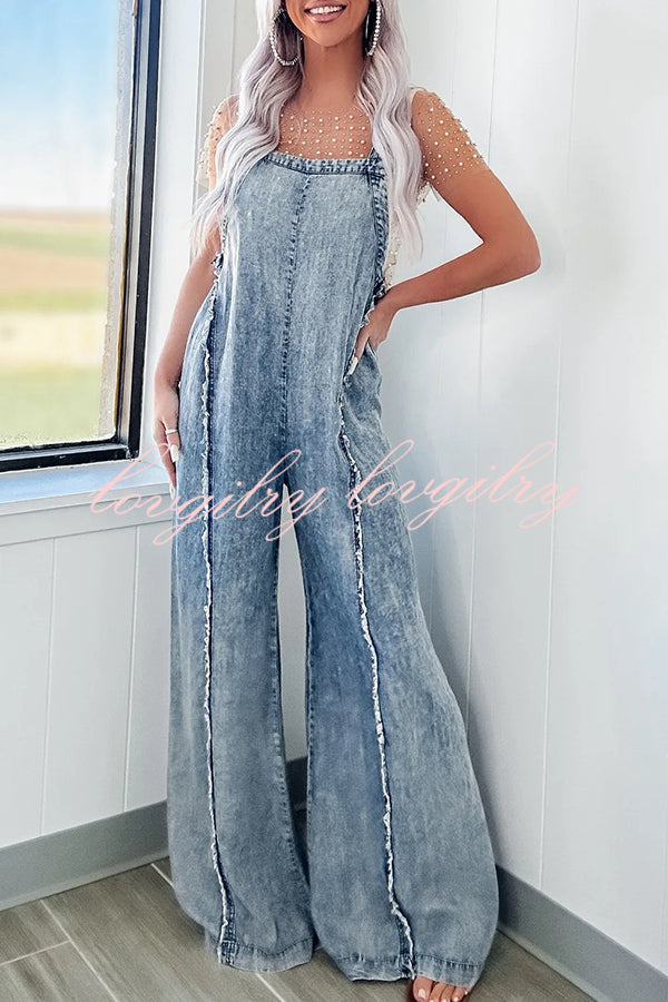 Vintage Washed Denim Raw Edge Elastic Waist Wide Leg Jumpsuit