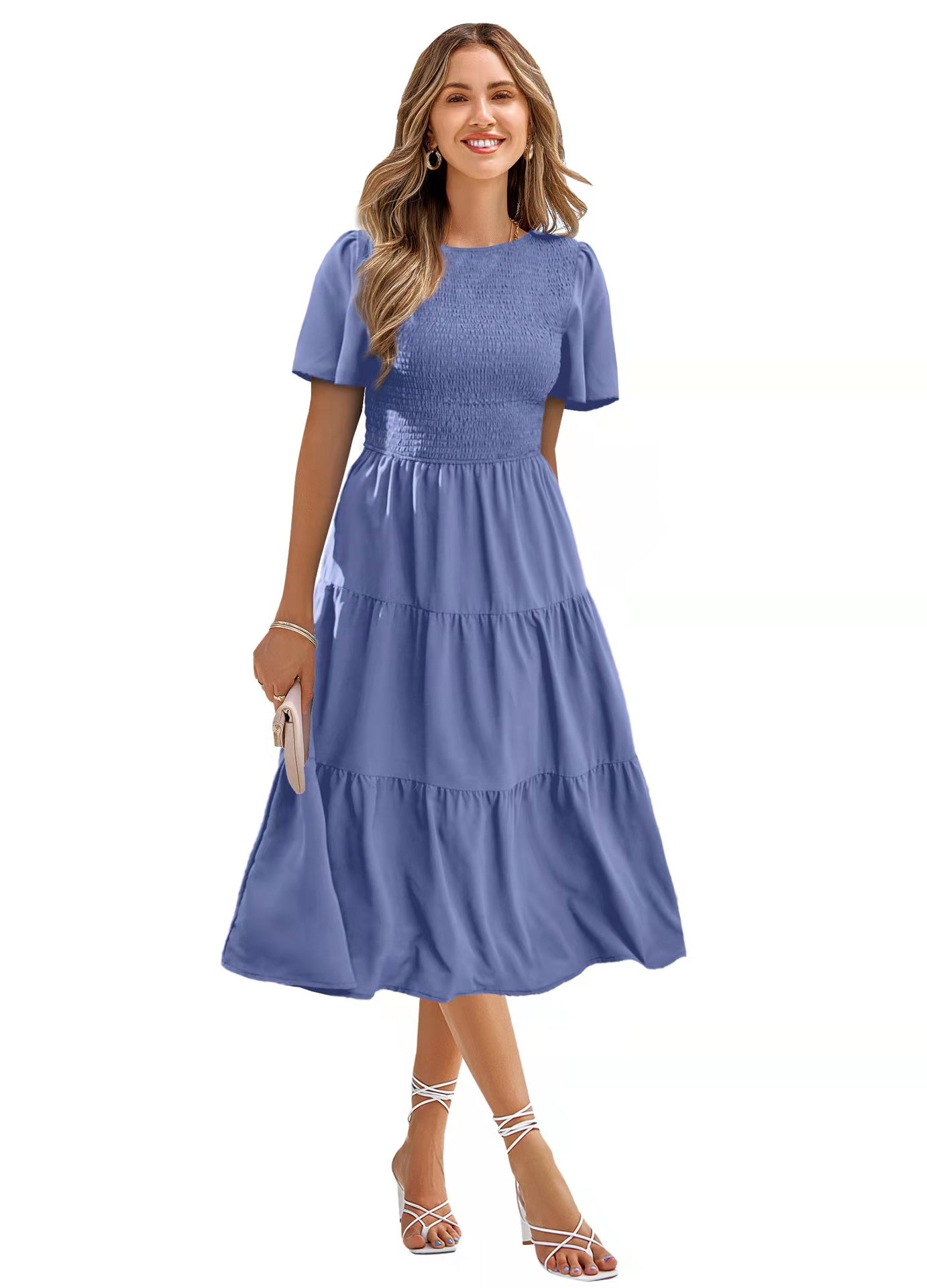 Women's Round Neck Smocked Short Sleeve Casual Dress