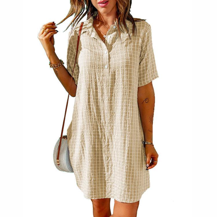 Check Neck Button Short Sleeve Shirt Dress