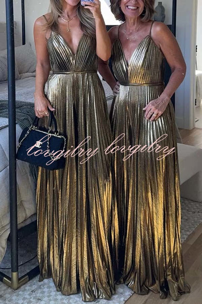 Disco Fashion Metallic Fabric Pleated Pocket Slip Wide Leg Jumpsuit