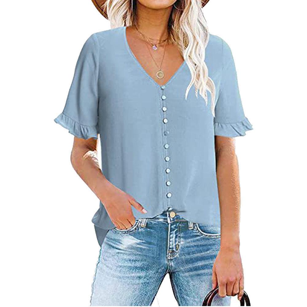 Women's Ruffle V-Neck Button-Down Shirt