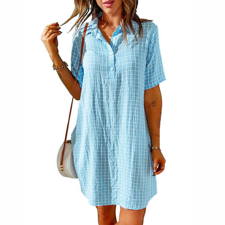 Check Neck Button Short Sleeve Shirt Dress