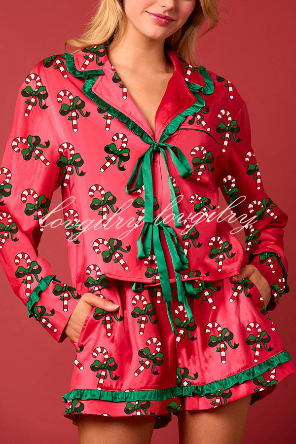 Christmas Holiday Print Bow Tie Long Sleeve and Elastic Waist Loose Shorts Set