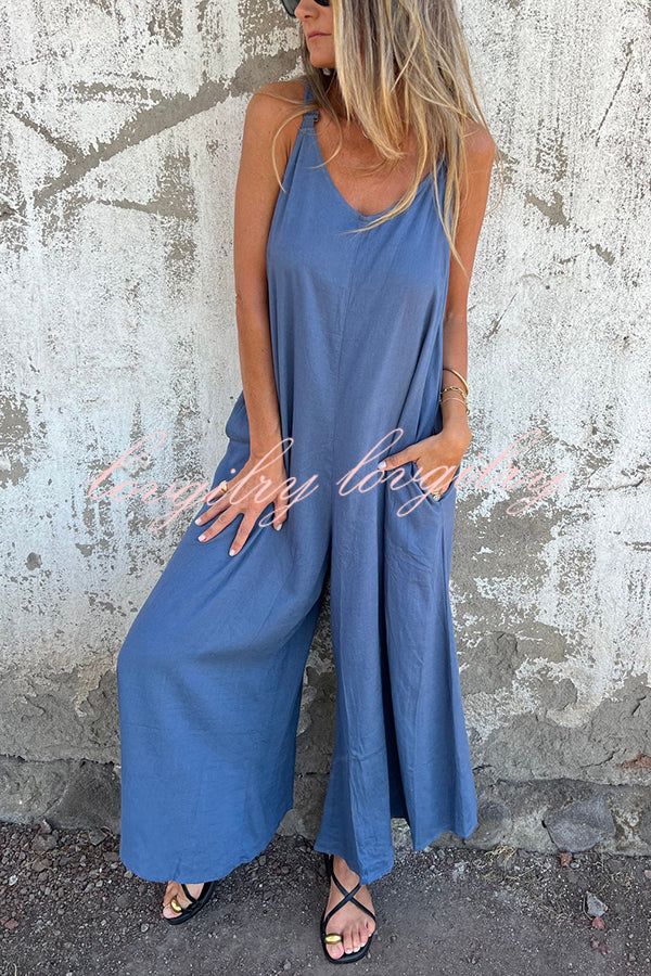 Linen Blend Solid Color Suspenders Loose Pockets Casual Wide-leg Jumpsuit