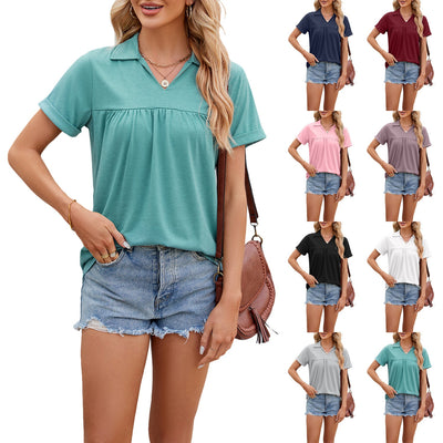 Solid Color V-neck Lapel Short-sleeved T-shirt Summer Loose Top