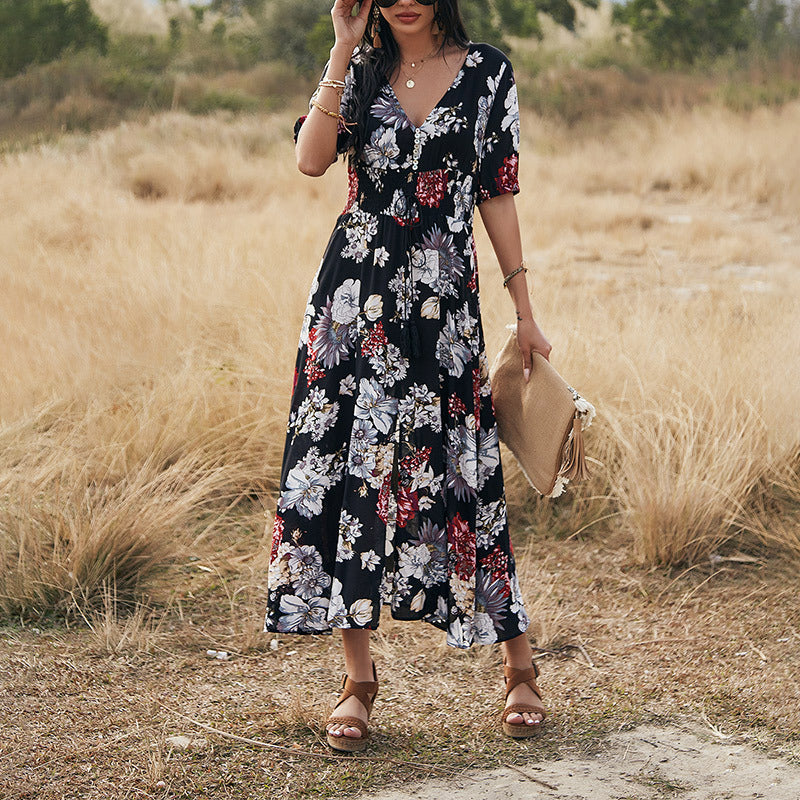 Floral Summer V-Neck Elastic Waist Dresses