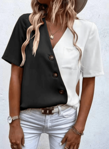 Contrast V-Neck Short Sleeve Shirt