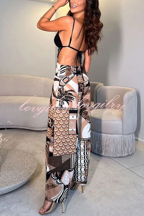 Tulum Dreaming Strap Cross Design Patchwork Printed Elastic Waist Backless Jumpsuit