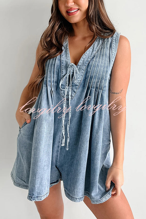 Downtown Daze Denim Pleated Tie-up Pocketed Loose Romper