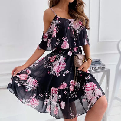 Flower Printed Summer V-neck Stitching Off-the-shoulder Strap Dress