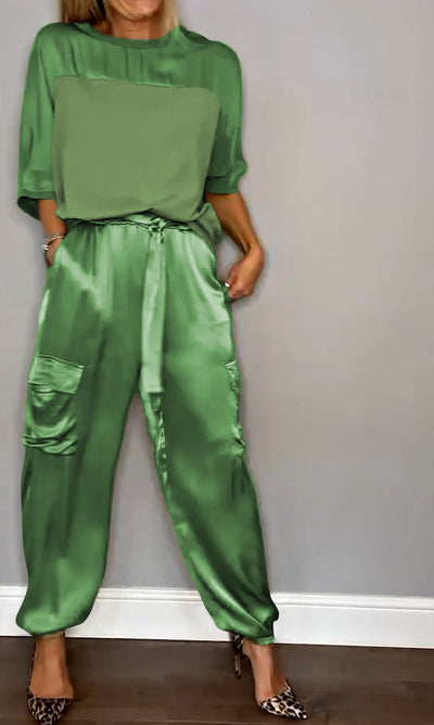 Women's Smooth Satin Half-sleeved Top and Pant Suit Two-piece